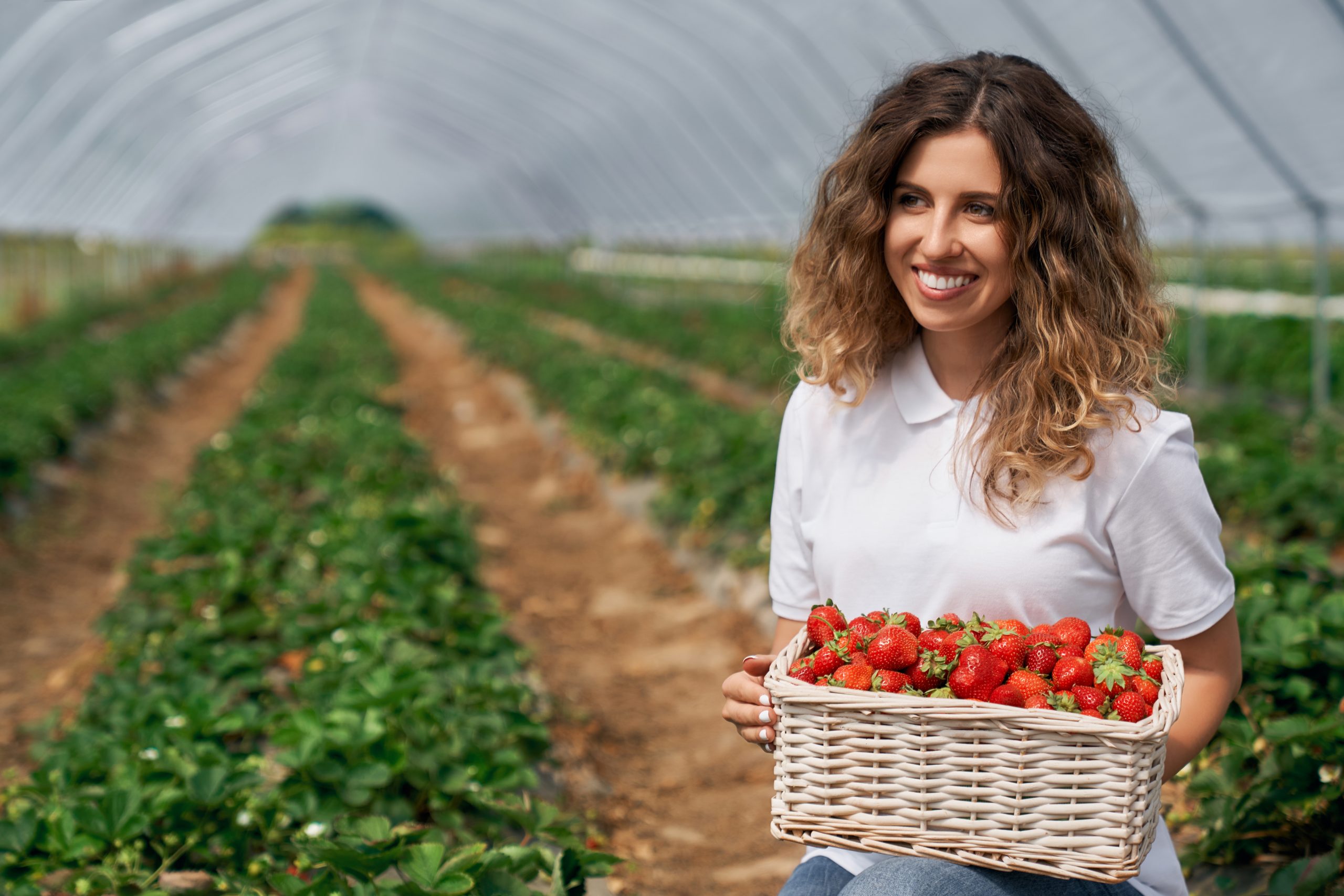 Smiling brunette is holding basket with strawberries.